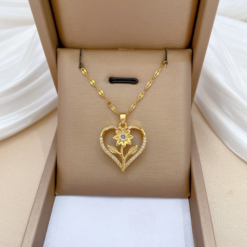 Titanium Steel Copper Simple Style Classic Style Hollow Out Inlay Heart Shape Flower Zircon Pendant Necklace display picture 3