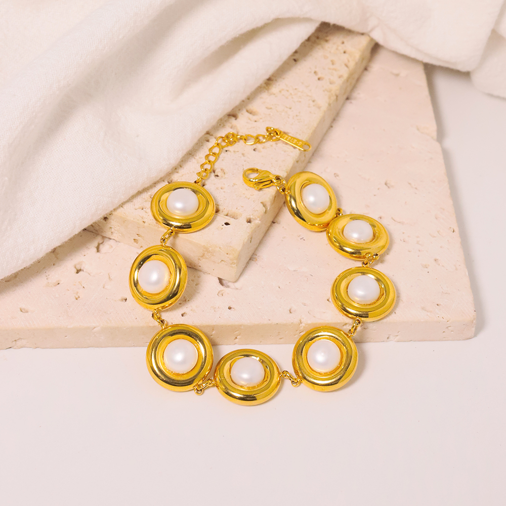 Titan Stahl 18 Karat Vergoldet Einfacher Stil Klassischer Stil Überzug Inlay Einfarbig Perle Armbänder display picture 5