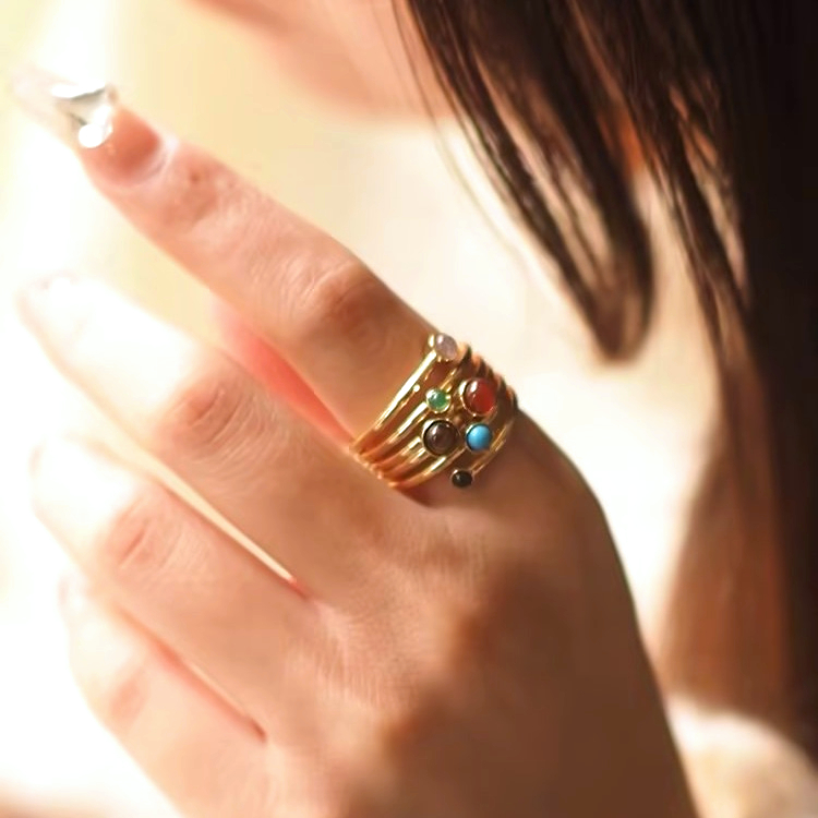 Copper 18K Gold Plated IG Style Chinoiserie Baroque Style Inlay Round Agate Tiger Eye Rings display picture 1