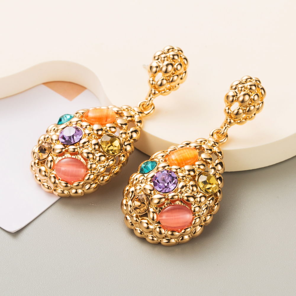 1 Pair Elegant Lady Streetwear Water Droplets Inlay Alloy Resin Resin Rhinestones 14K Gold Plated Drop Earrings display picture 3