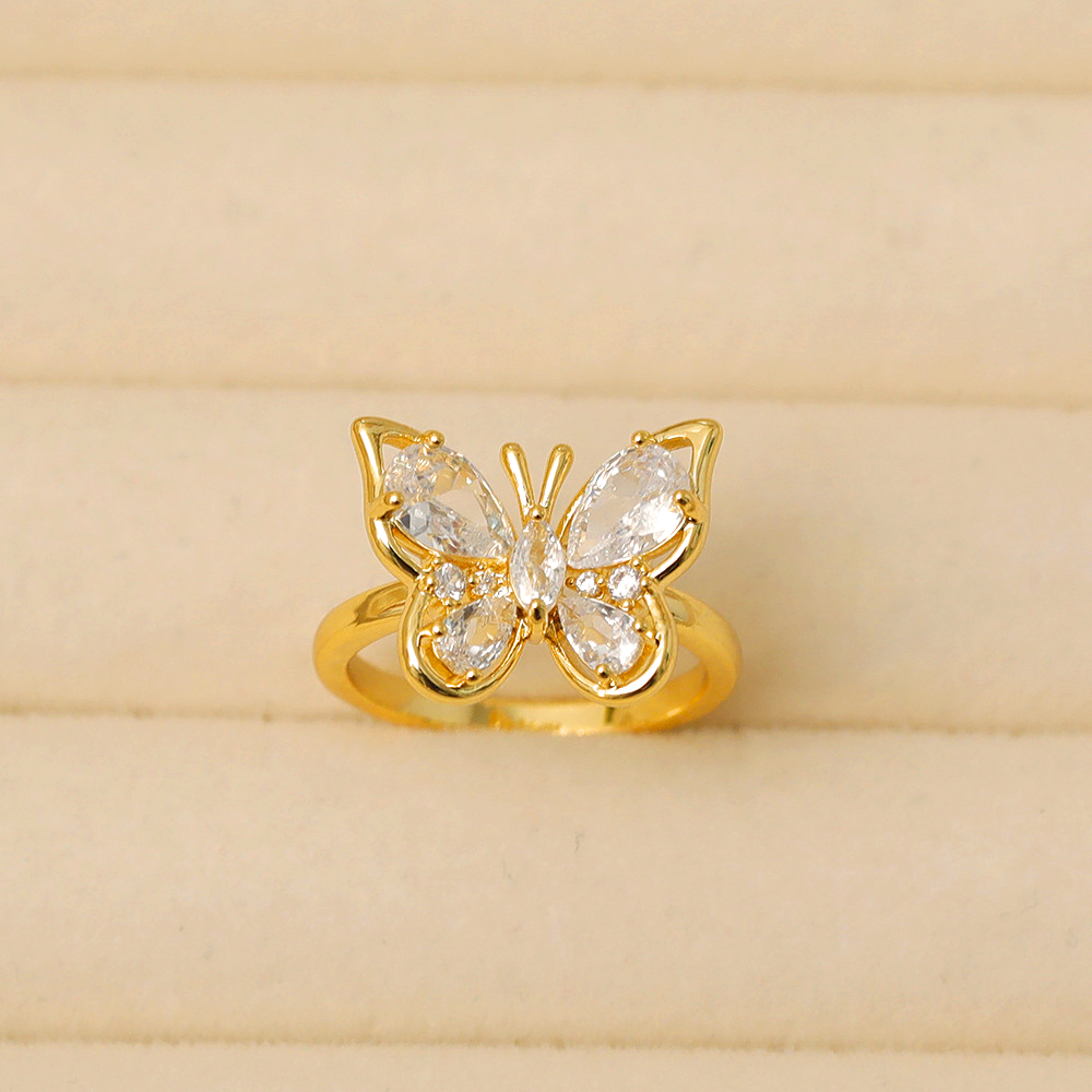Copper 14K Gold Plated IG Style Basic Classic Style Inlay Butterfly Zircon Rings display picture 1