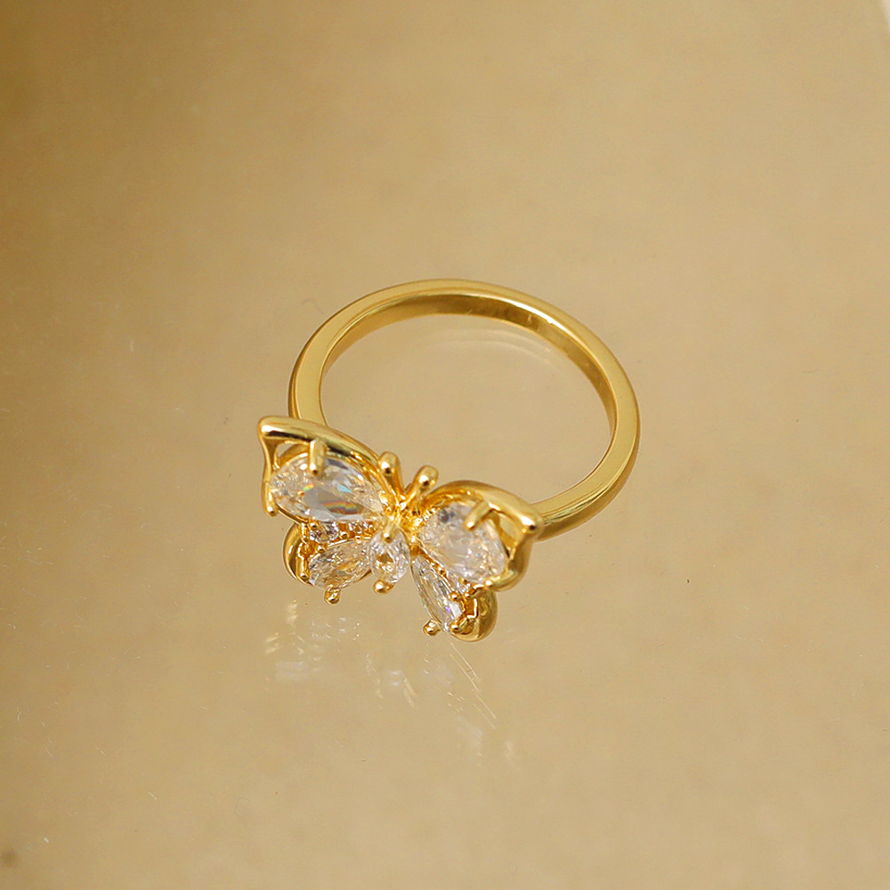Copper 14K Gold Plated IG Style Basic Classic Style Inlay Butterfly Zircon Rings display picture 3
