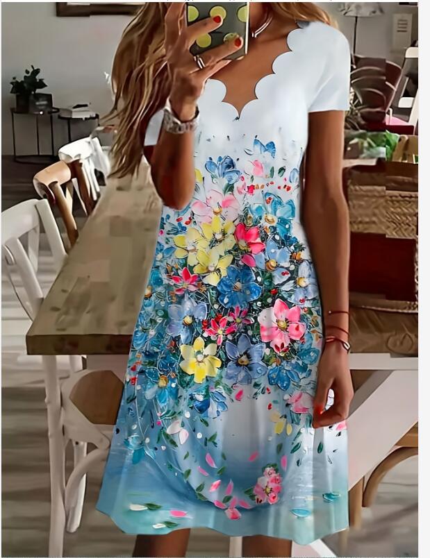Women's Regular Dress Streetwear V Neck Printing Short Sleeve Flower Knee-Length Holiday Daily display picture 3