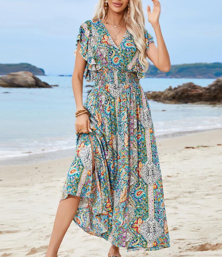Women's Regular Dress Vacation V Neck Printing Backless Short Sleeve Cashew Nuts Maxi Long Dress Holiday Daily display picture 1