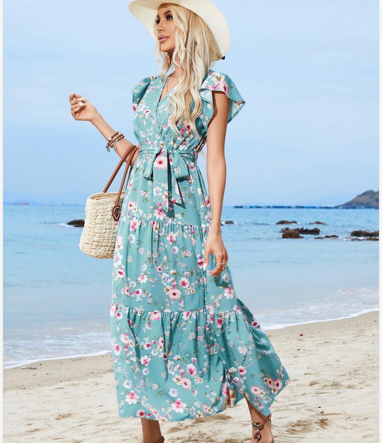 Women's Regular Dress Vacation V Neck Printing Short Sleeve Ditsy Floral Maxi Long Dress Daily Beach display picture 1