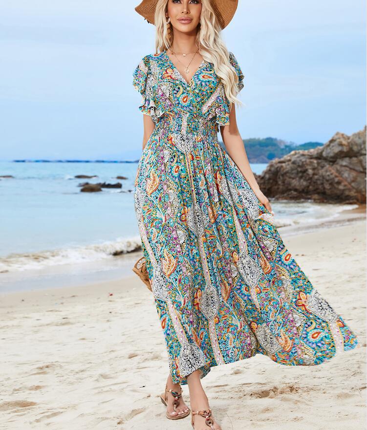 Women's Regular Dress Vacation V Neck Printing Backless Short Sleeve Cashew Nuts Maxi Long Dress Holiday Daily display picture 3