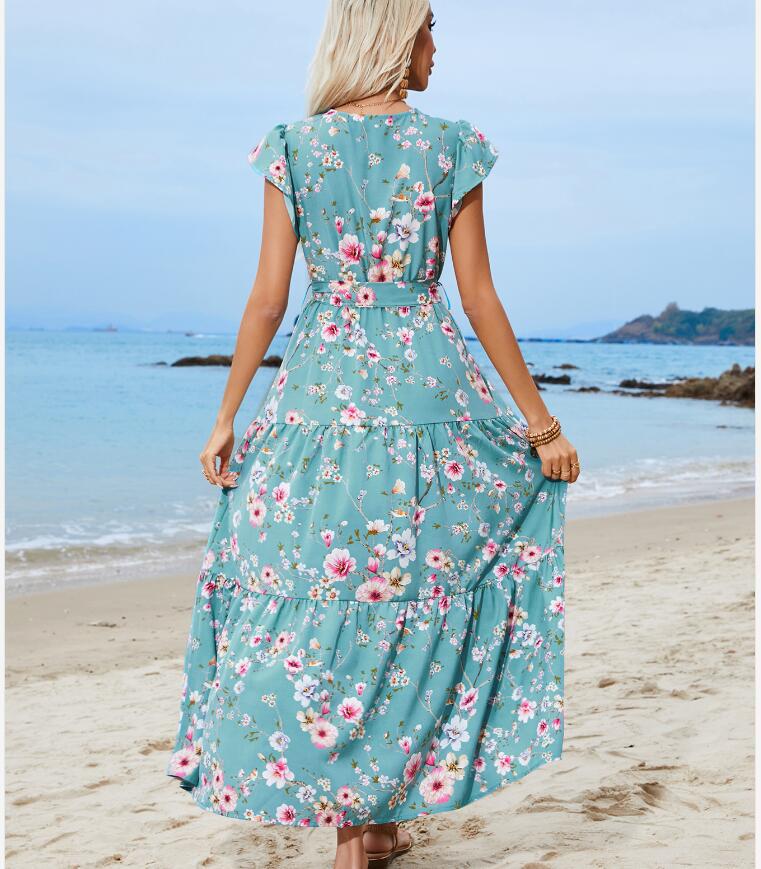 Femmes Robe Régulière Vacances Col En V Impression Manche Courte Petites Fleurs Maxi Longue Robe Du Quotidien Plage display picture 2