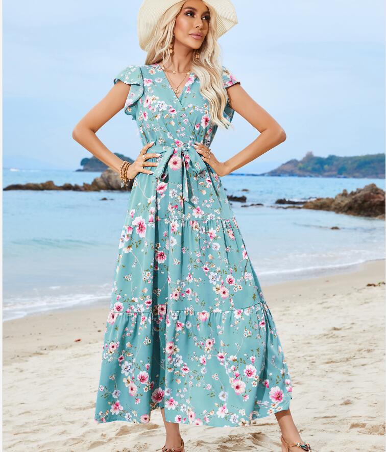 Women's Regular Dress Vacation V Neck Printing Short Sleeve Ditsy Floral Maxi Long Dress Daily Beach display picture 3