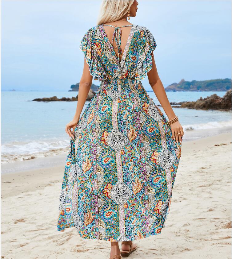Women's Regular Dress Vacation V Neck Printing Backless Short Sleeve Cashew Nuts Maxi Long Dress Holiday Daily display picture 5
