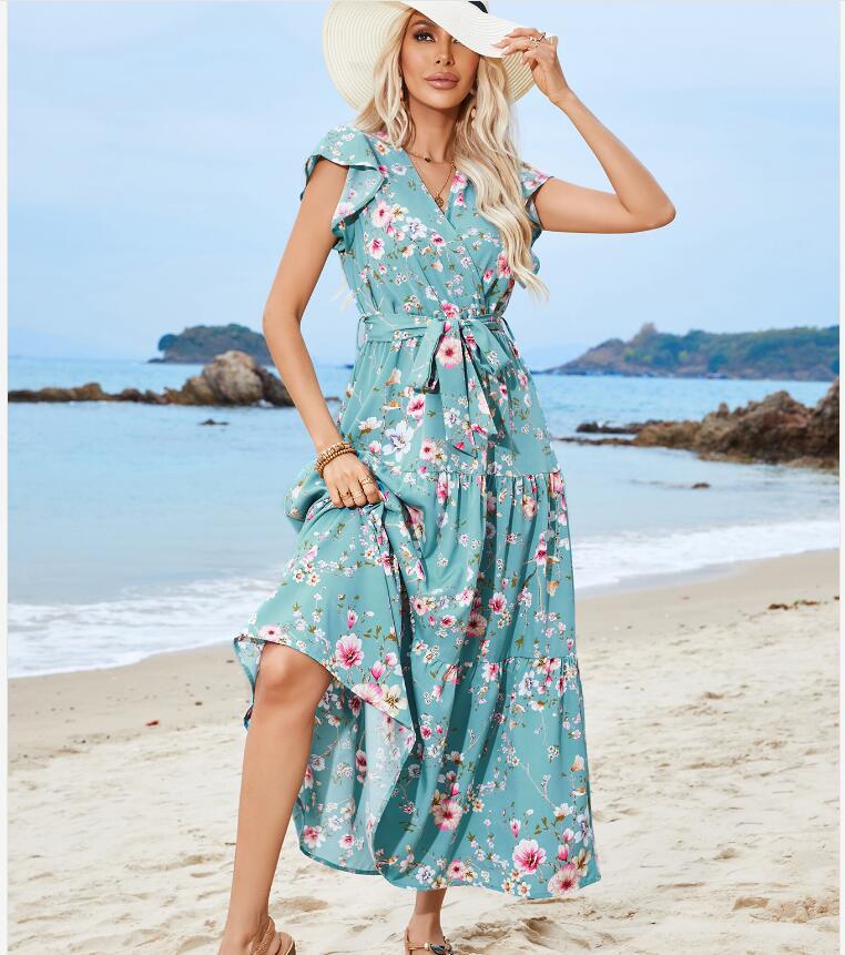 Femmes Robe Régulière Vacances Col En V Impression Manche Courte Petites Fleurs Maxi Longue Robe Du Quotidien Plage display picture 4