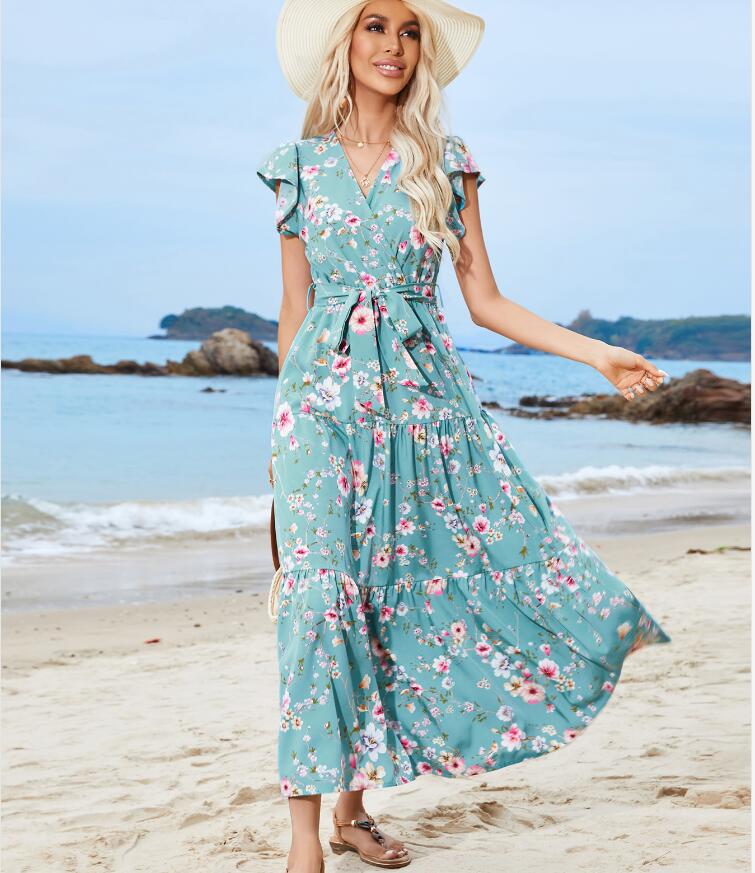 Women's Regular Dress Vacation V Neck Printing Short Sleeve Ditsy Floral Maxi Long Dress Daily Beach display picture 6