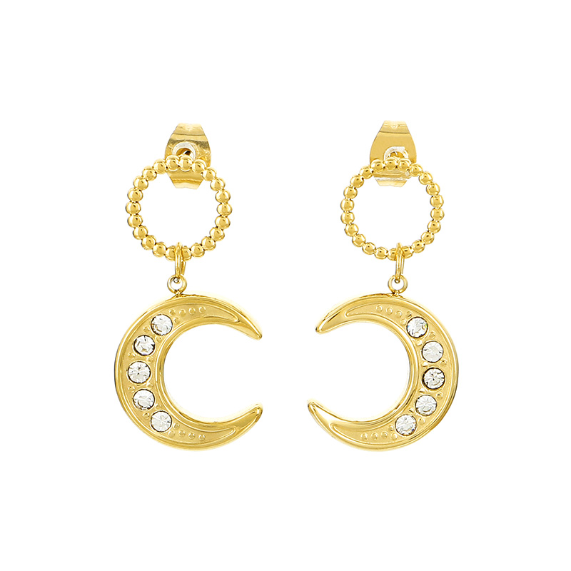 1 Pair Basic Modern Style Classic Style Moon Inlay 304 Stainless Steel Rhinestones 18K Gold Plated Drop Earrings display picture 2