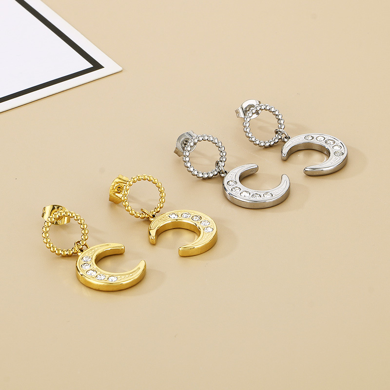 1 Pair Basic Modern Style Classic Style Moon Inlay 304 Stainless Steel Rhinestones 18K Gold Plated Drop Earrings display picture 3