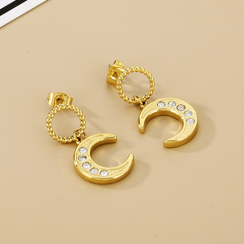 1 Pair Basic Modern Style Classic Style Moon Inlay 304 Stainless Steel Rhinestones 18K Gold Plated Drop Earrings display picture 6