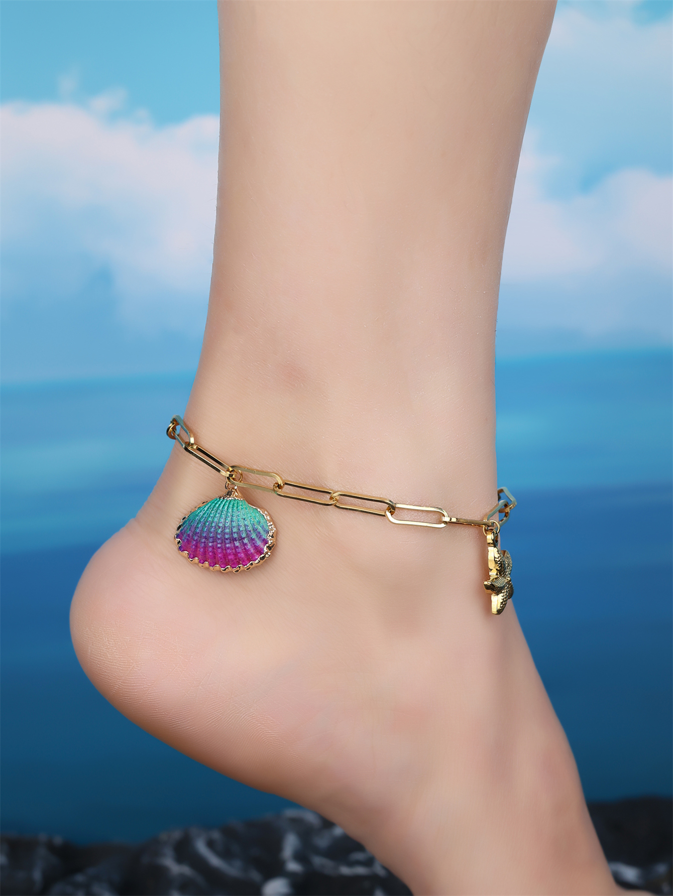 Beach Shell 304 Stainless Steel Plating Inlay Shell 18K Gold Plated Women's Anklet display picture 2