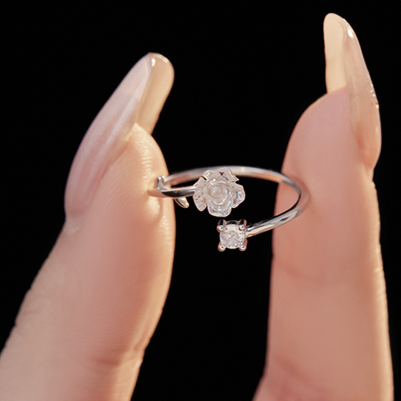 Sterling Silver White Gold Plated Elegant Simple Style Layered Patchwork Flowers Flower Petal Zircon Rings display picture 3