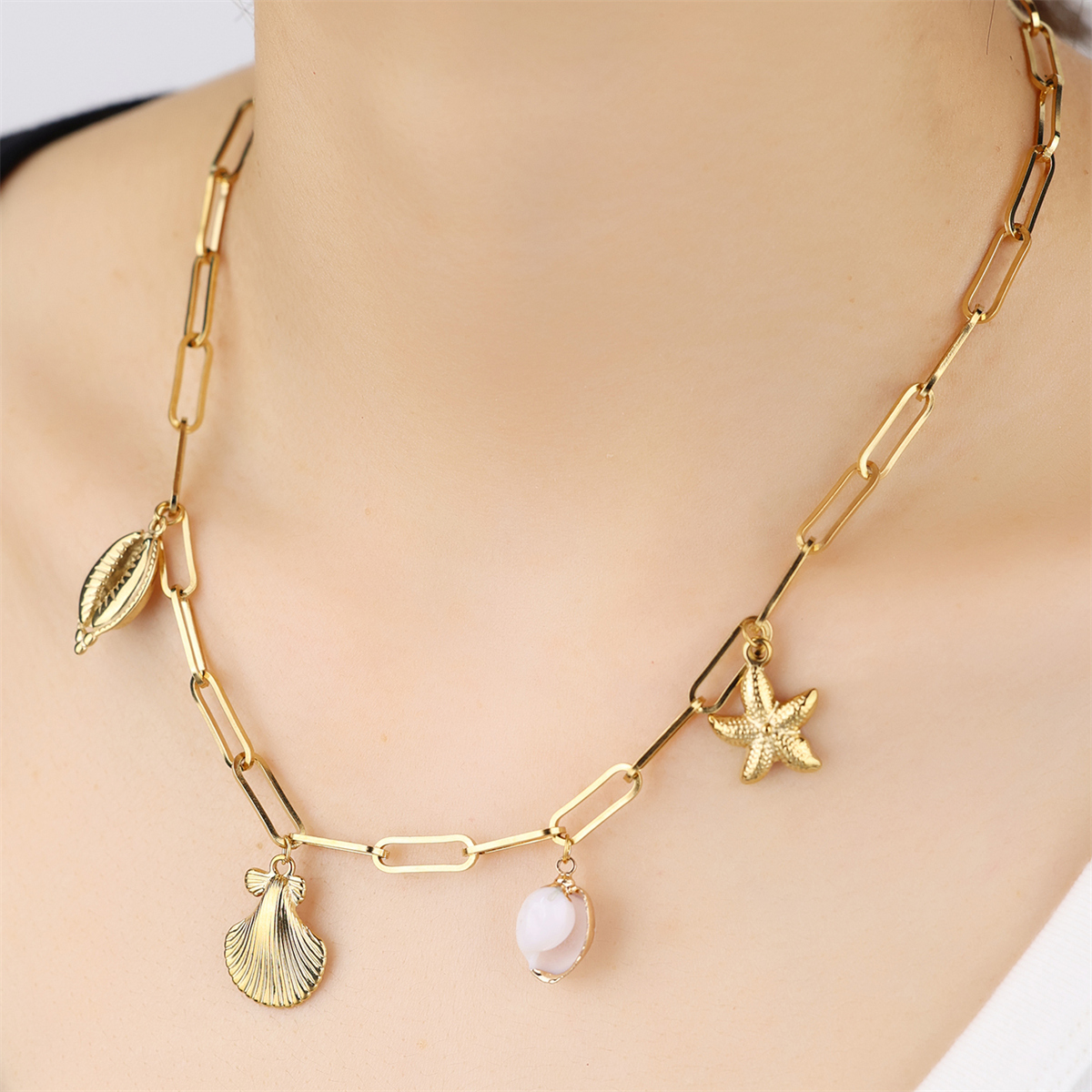 304 Stainless Steel 18K Gold Plated Casual Beach Inlay Starfish Shell Shell Necklace display picture 5