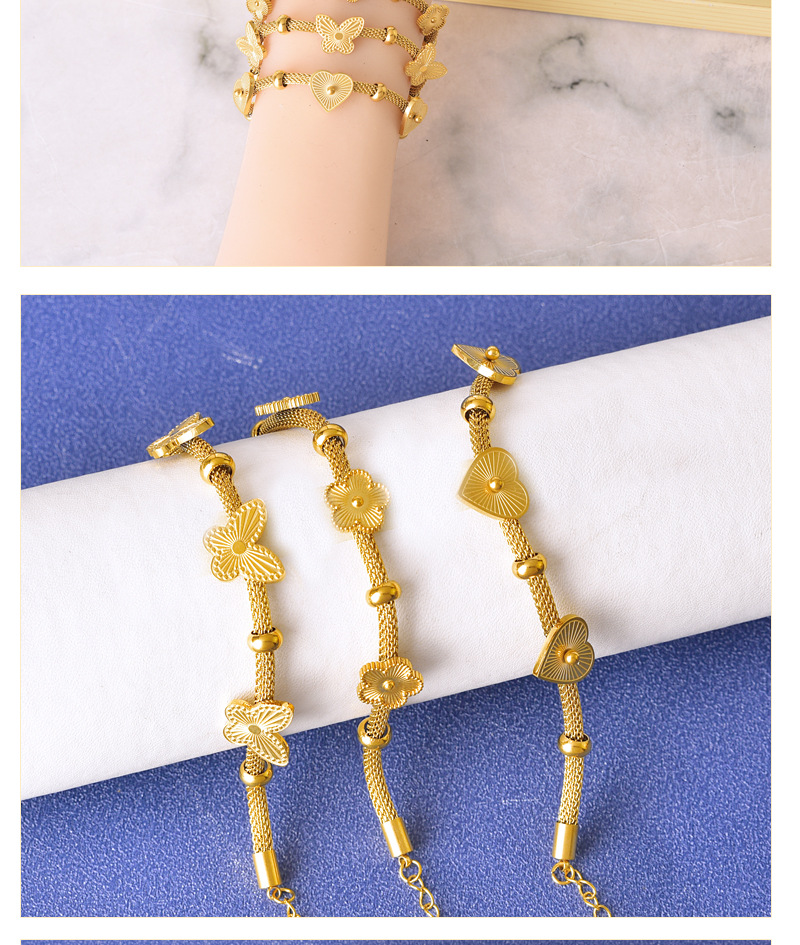 Casual Simple Style Heart Shape Flower Butterfly 304 Stainless Steel 18K Gold Plated Bracelets In Bulk display picture 2