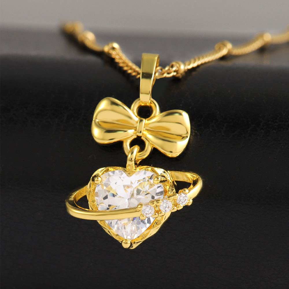 304 Stainless Steel Copper 18K Gold Plated Sweet Shiny Plating Inlay Heart Shape Bow Knot Zircon Pendant Necklace display picture 4