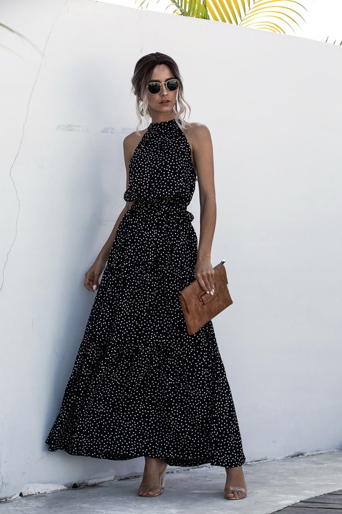 Women'S Polka Dot Dress Elegant Halter Neck Printing Sleeveless Round Dots Ditsy Floral Maxi Long Dress Street display picture 6