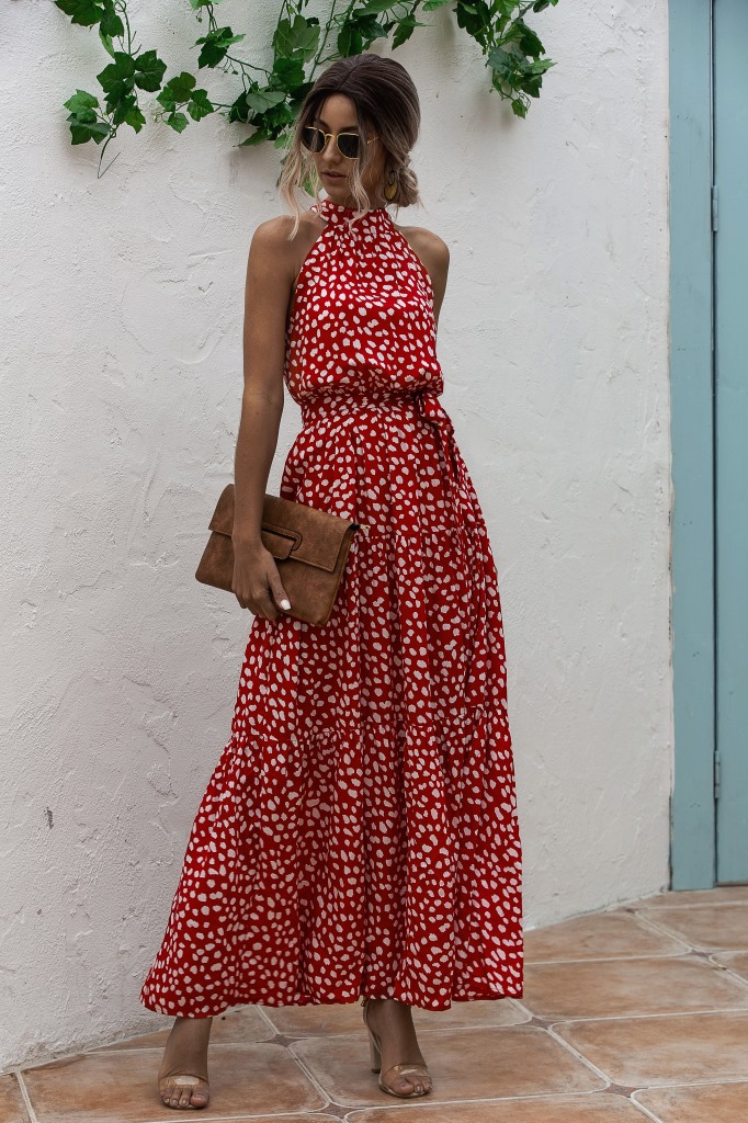 Women'S Polka Dot Dress Elegant Halter Neck Printing Sleeveless Round Dots Ditsy Floral Maxi Long Dress Street display picture 15