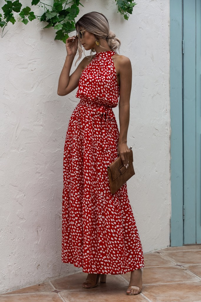 Women'S Polka Dot Dress Elegant Halter Neck Printing Sleeveless Round Dots Ditsy Floral Maxi Long Dress Street display picture 8