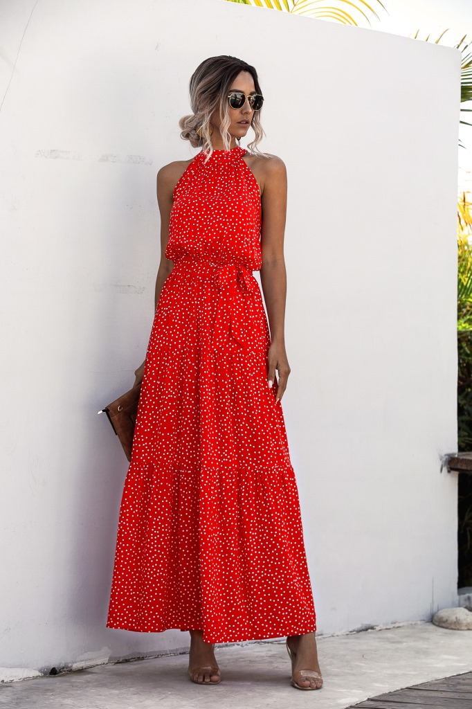 Women'S Polka Dot Dress Elegant Halter Neck Printing Sleeveless Round Dots Ditsy Floral Maxi Long Dress Street display picture 52