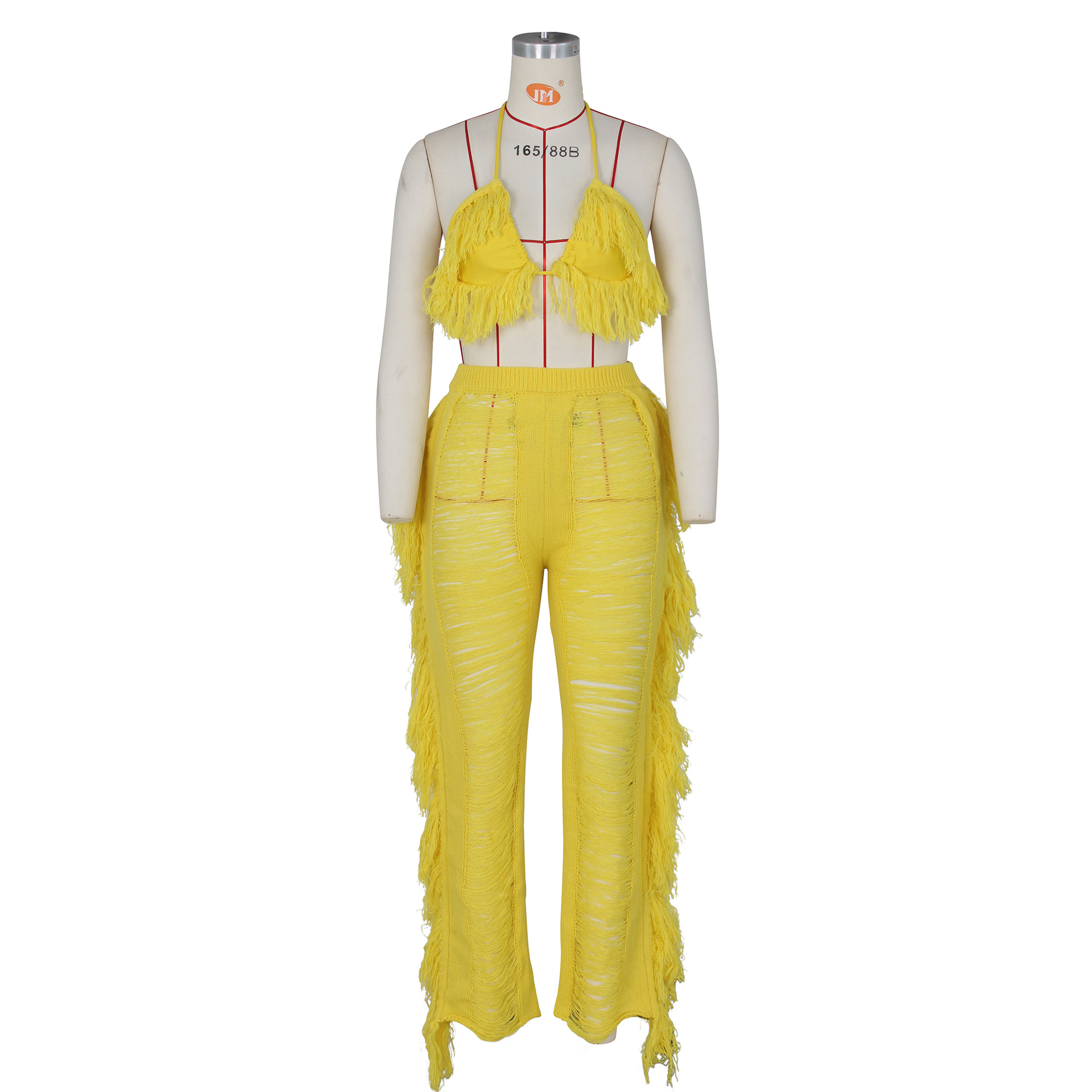 Women's Sexy Solid Color Polyester Polyacrylonitrile Fiber Tassel Pants Sets display picture 4