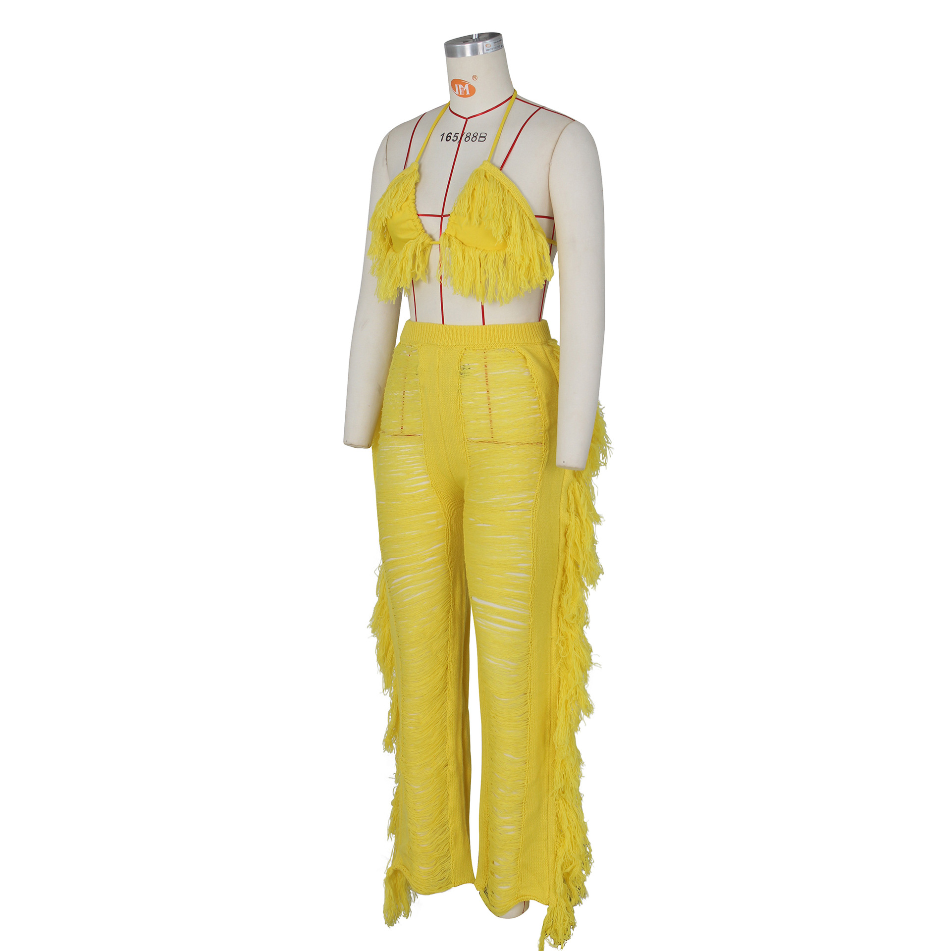 Women's Sexy Solid Color Polyester Polyacrylonitrile Fiber Tassel Pants Sets display picture 5