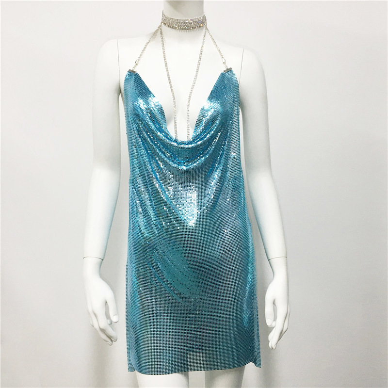 Women'S A-Line Skirt Sexy V Neck Halter Neck Sequins Backless Sleeveless Solid Color Above Knee Party display picture 11