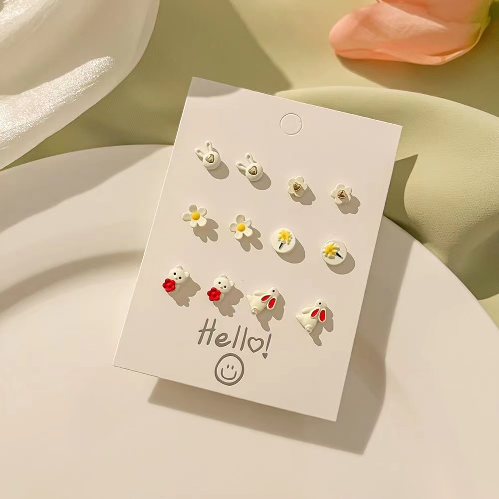6 Pairs Cute Sweet Bear Flower Bow Knot Enamel Plating Inlay Alloy Rhinestones Silver Plated Ear Studs display picture 8