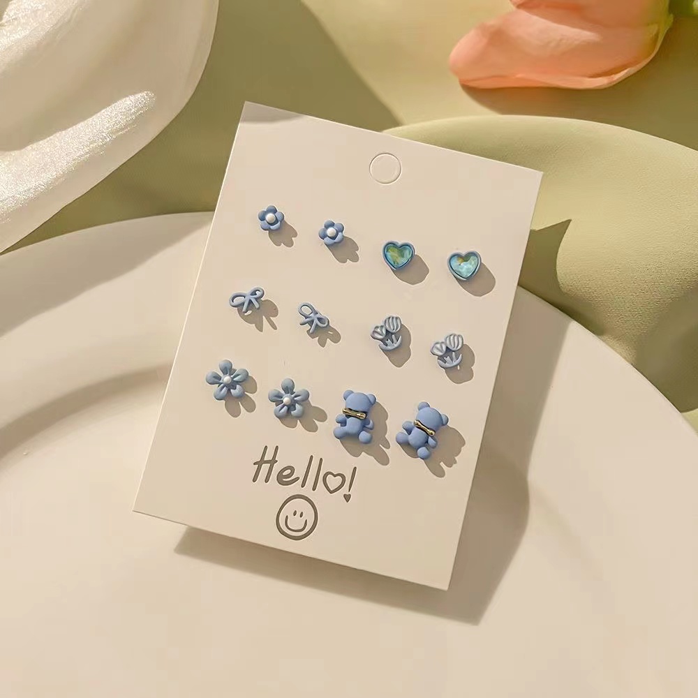 6 Pairs Cute Sweet Bear Flower Bow Knot Enamel Plating Inlay Alloy Rhinestones Silver Plated Ear Studs display picture 5
