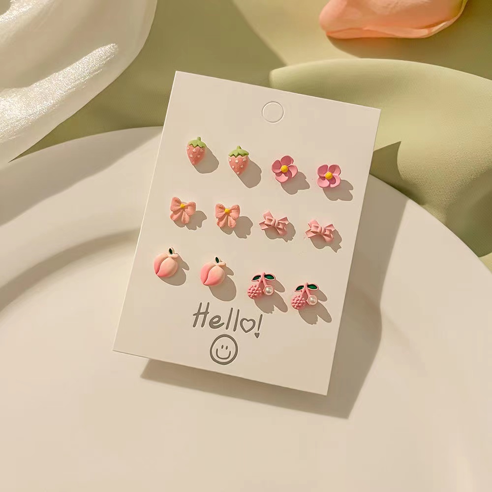 6 Pairs Cute Sweet Bear Flower Bow Knot Enamel Plating Inlay Alloy Rhinestones Silver Plated Ear Studs display picture 6