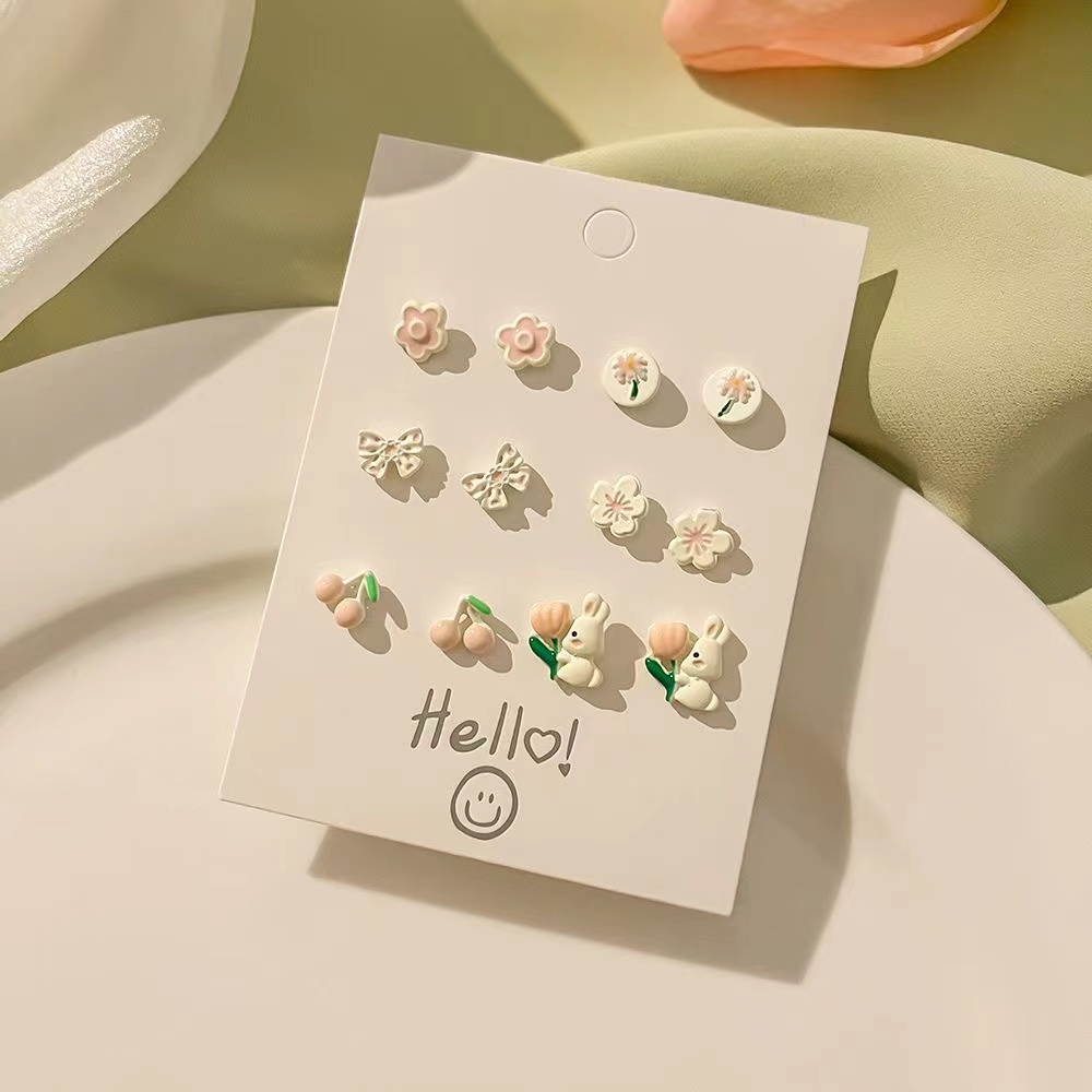 6 Pairs Cute Sweet Bear Flower Bow Knot Enamel Plating Inlay Alloy Rhinestones Silver Plated Ear Studs display picture 7
