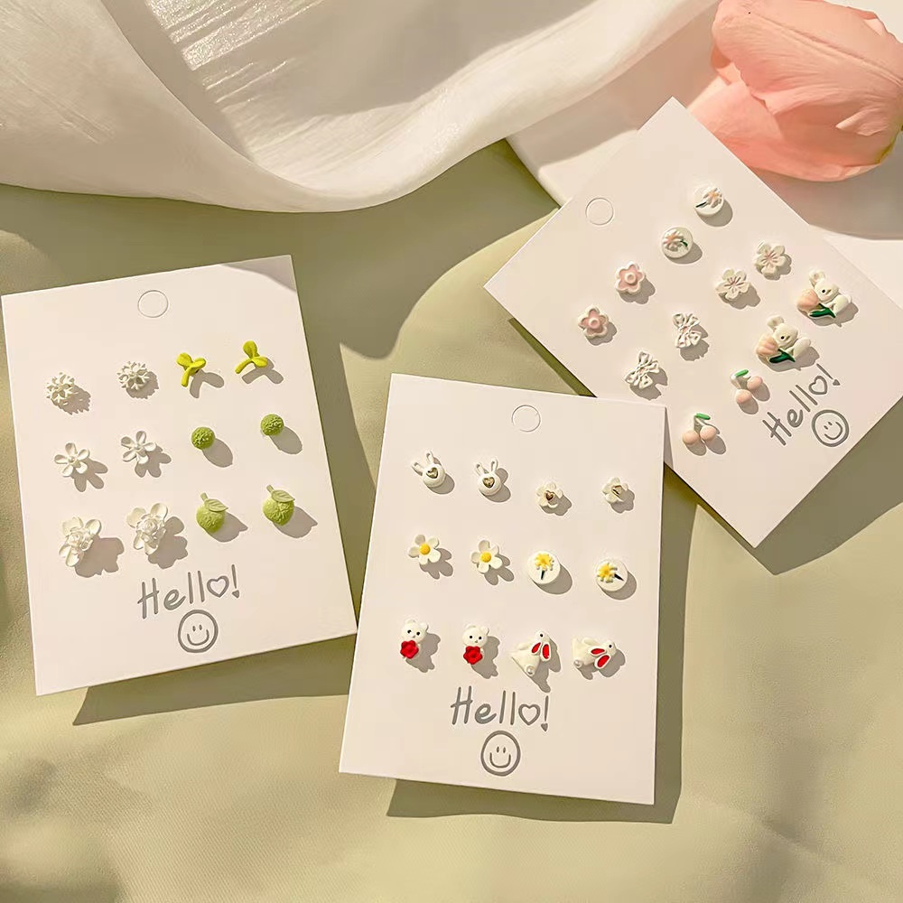 6 Pairs Cute Sweet Bear Flower Bow Knot Enamel Plating Inlay Alloy Rhinestones Silver Plated Ear Studs display picture 3