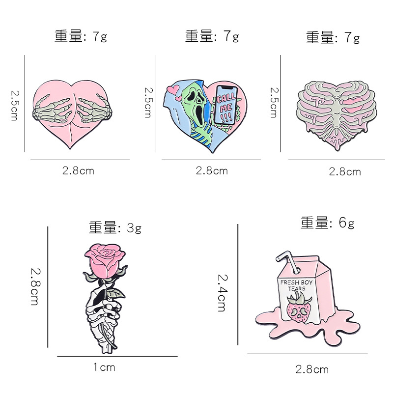 Punk Heart Shape Rose Skull Alloy Stoving Varnish Unisex Brooches display picture 8