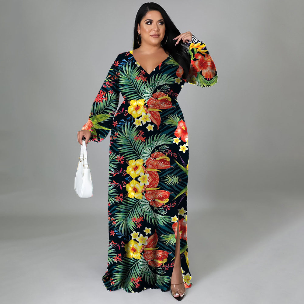 Women's Regular Dress Slit Dress Sexy Tropical V Neck Slit Belt Long Sleeve Printing Maxi Long Dress Casual Daily Street display picture 3