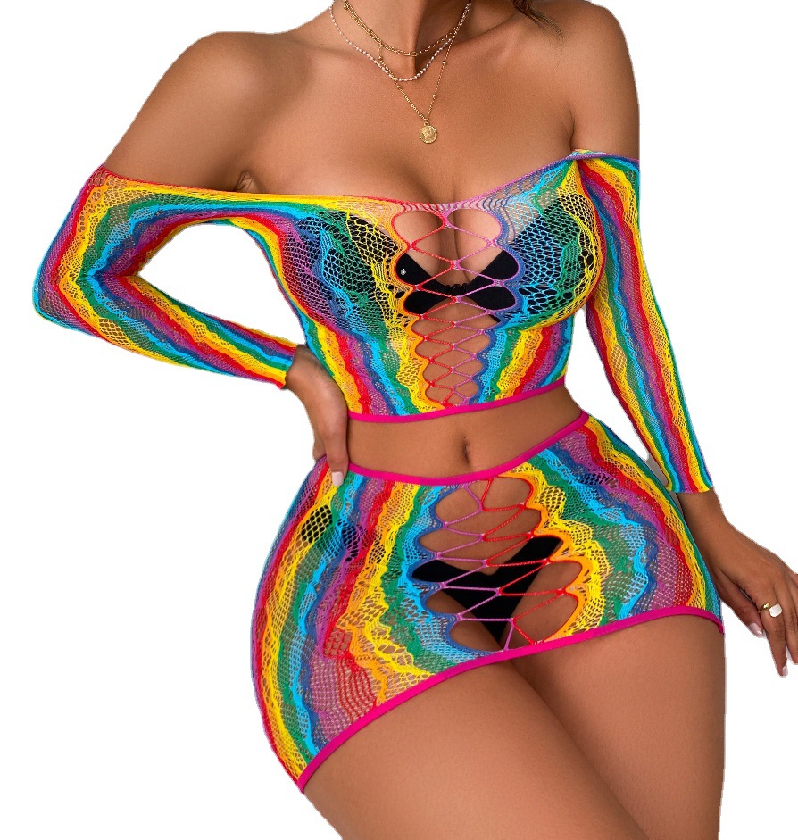 Rainbow Stripe Sexy Hollow Out Backless Sexy Lingerie display picture 1