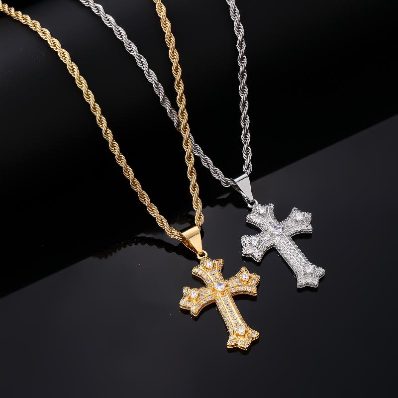 Hip-Hop Rock Cross 304 Stainless Steel Copper Plating Inlay Zircon K Gold Plated Rhodium Plated Men's Pendant Necklace display picture 3