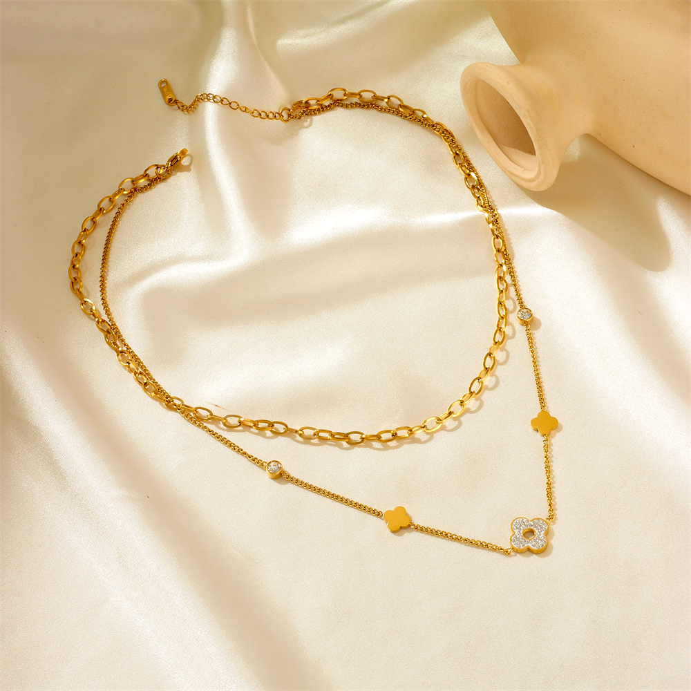 Acero Titanio Chapados en oro de 18k Estilo Vintage Enchapado Embutido Flor Circón Collar display picture 3