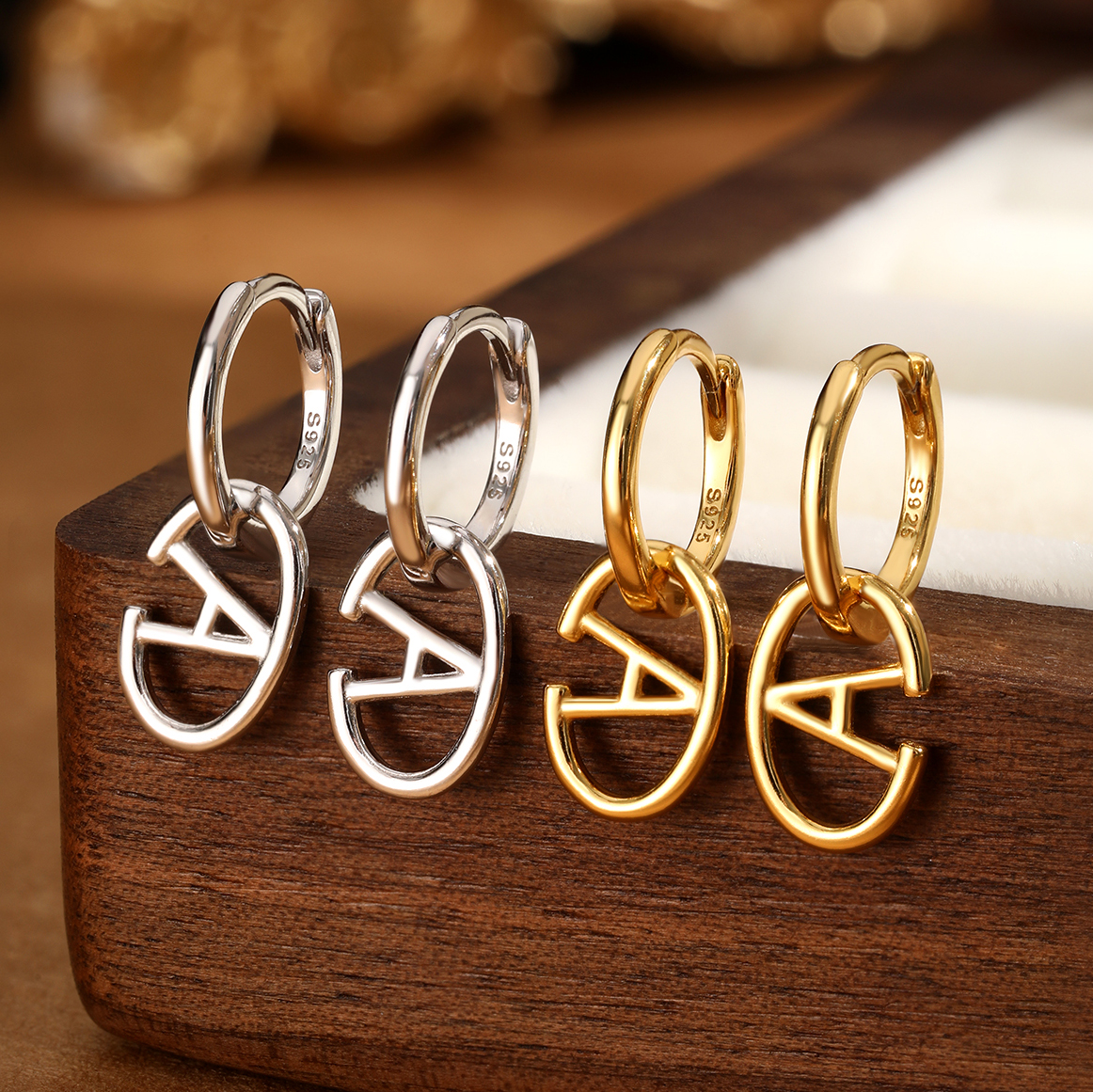 1 Pair Ig Style Simple Style Letter Oval Plating Sterling Silver 18k Gold Plated White Gold Plated Earrings display picture 2