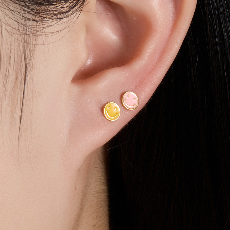 1 Pair Lady Shiny Smiley Face Plating Sterling Silver 18k Gold Plated Ear Studs display picture 1