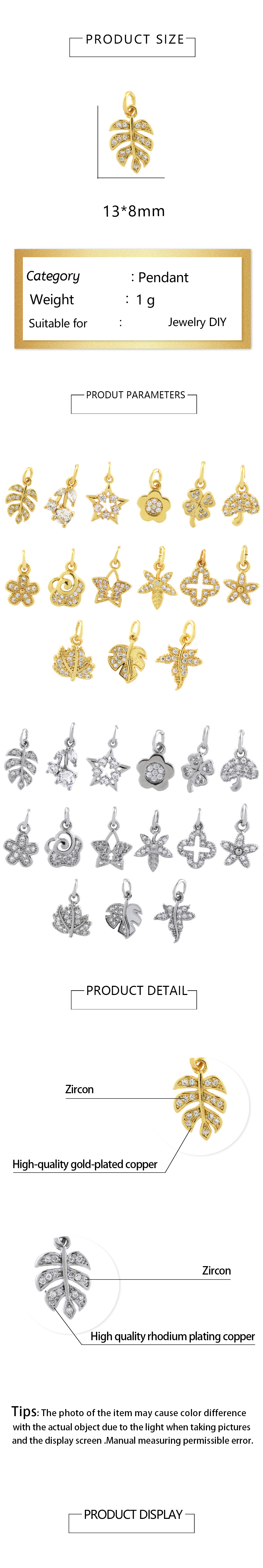 Simple Style Shiny Leaves Rose Flower Copper Plating Inlay Zircon 18k Gold Plated Charms display picture 1