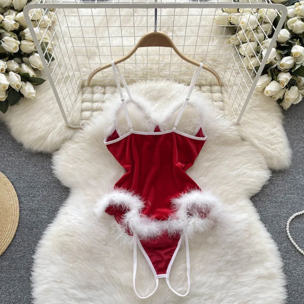Women's Christmas Sexy Solid Color Sexy Lingerie Sets Party Jumpsuit Mid Waist Thong Sexy Lingerie display picture 2