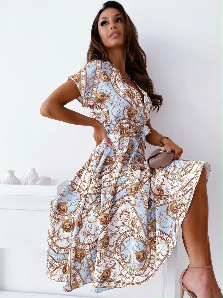 Summer Women's Sexy V-neck Printed Short Sleeve Mid-length Dress display picture 19