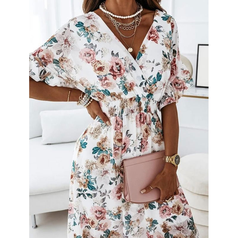 Floral Dress Casual V Neck Printing Short Sleeve Floral Maxi Long Dress Holiday display picture 2