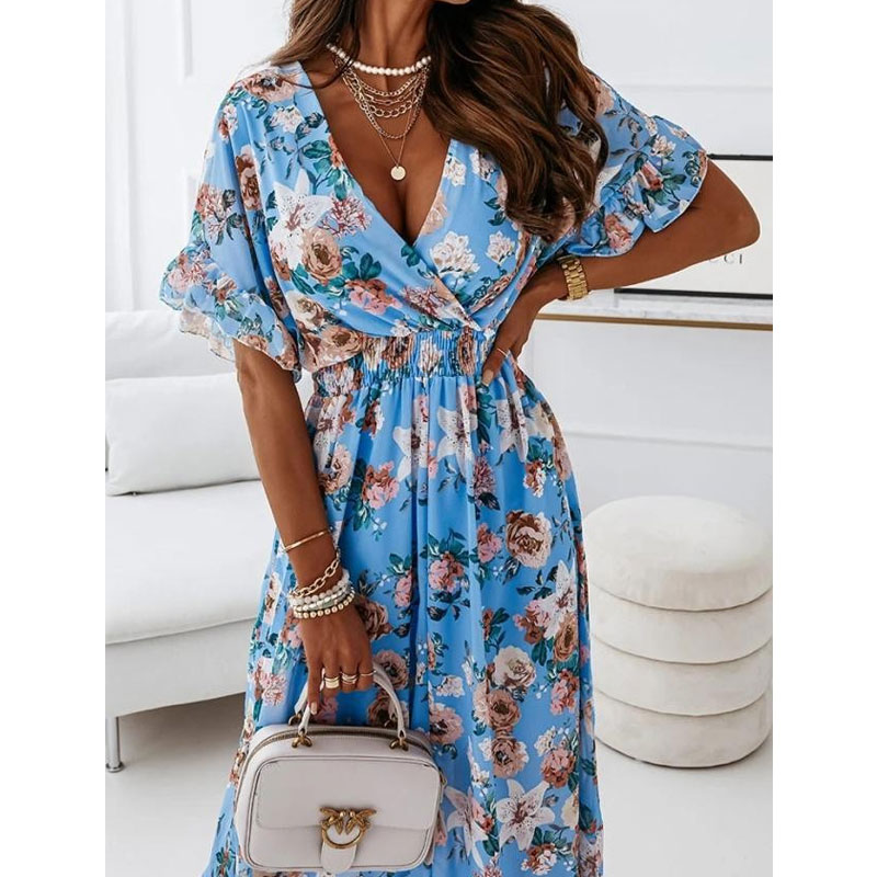 Floral Dress Casual V Neck Printing Short Sleeve Floral Maxi Long Dress Holiday display picture 3