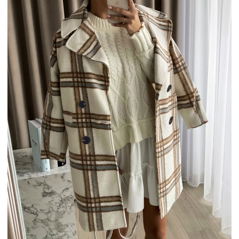 Fashion Plaid Button Woolen Double Breasted Coat Woolen Coat display picture 3