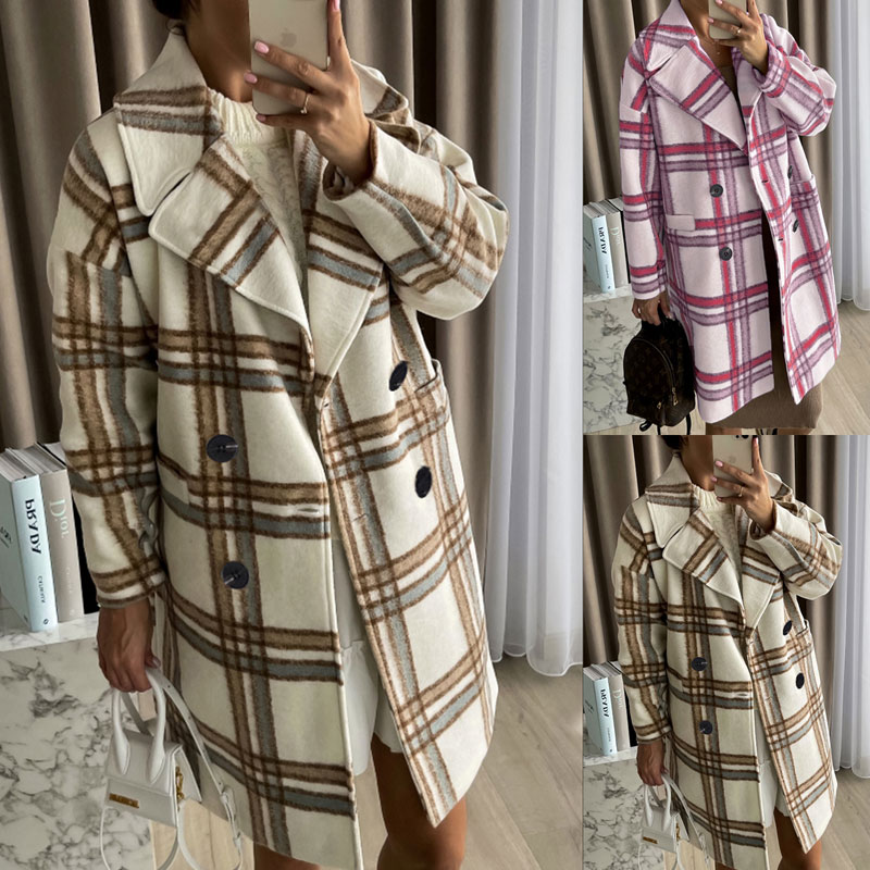 Fashion Plaid Button Woolen Double Breasted Coat Woolen Coat display picture 5