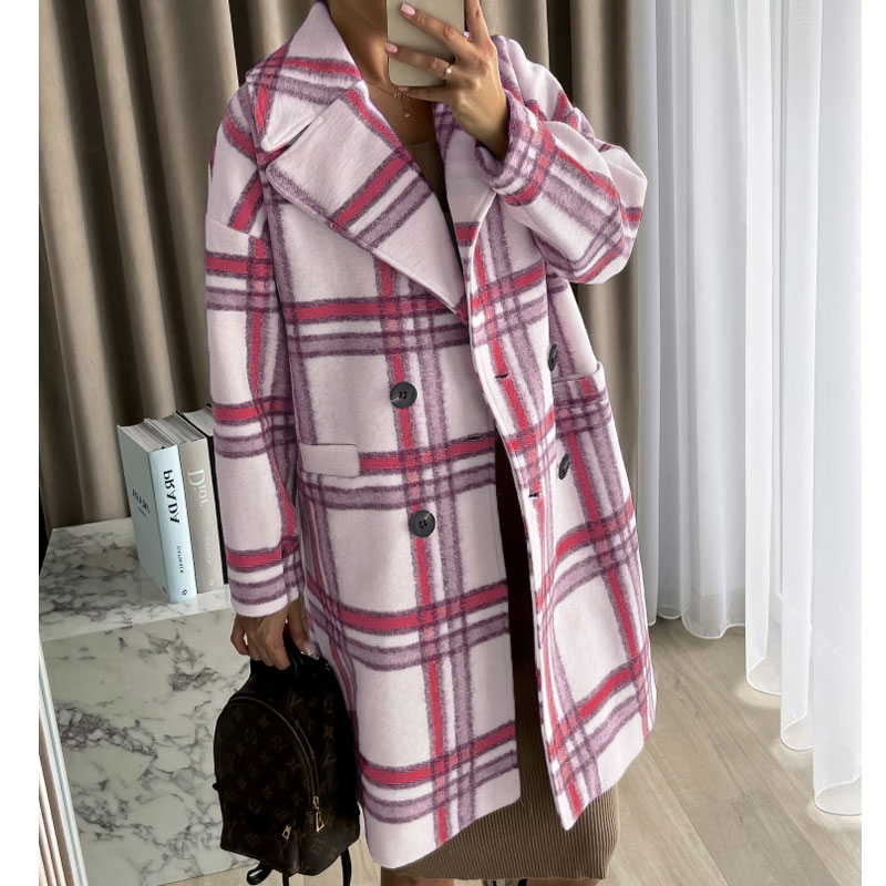 Fashion Plaid Button Woolen Double Breasted Coat Woolen Coat display picture 1